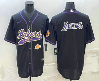 Mens Los Angeles Lakers Black Big Logo With Patch Cool Base Stitched Baseball Jersey